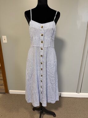 Blue White Striped Button Front Midi Dress Size M NWOT